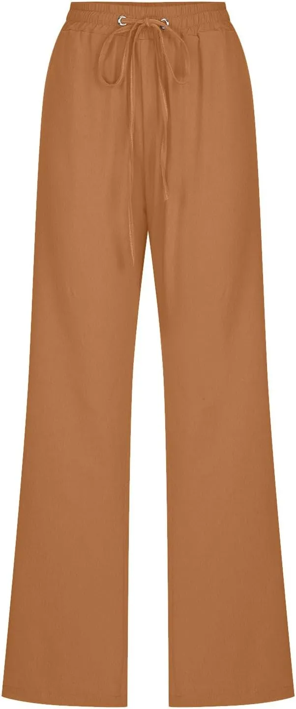 Fanteecy Women's 2024 Trendy Cotton Linen Drawstring Pants Elastic Waist Palazzo Pants Summer Casual Trousers with Pockets