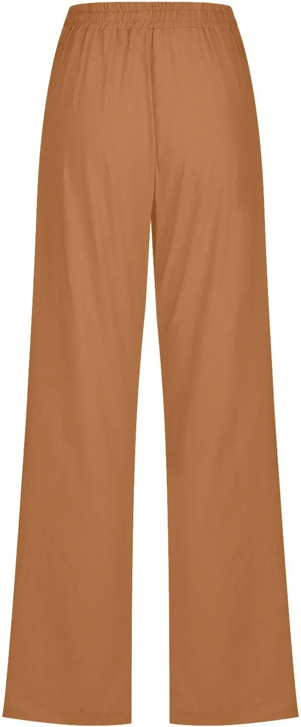 Fanteecy Women's 2024 Trendy Cotton Linen Drawstring Pants Elastic Waist Palazzo Pants Summer Casual Trousers with Pockets