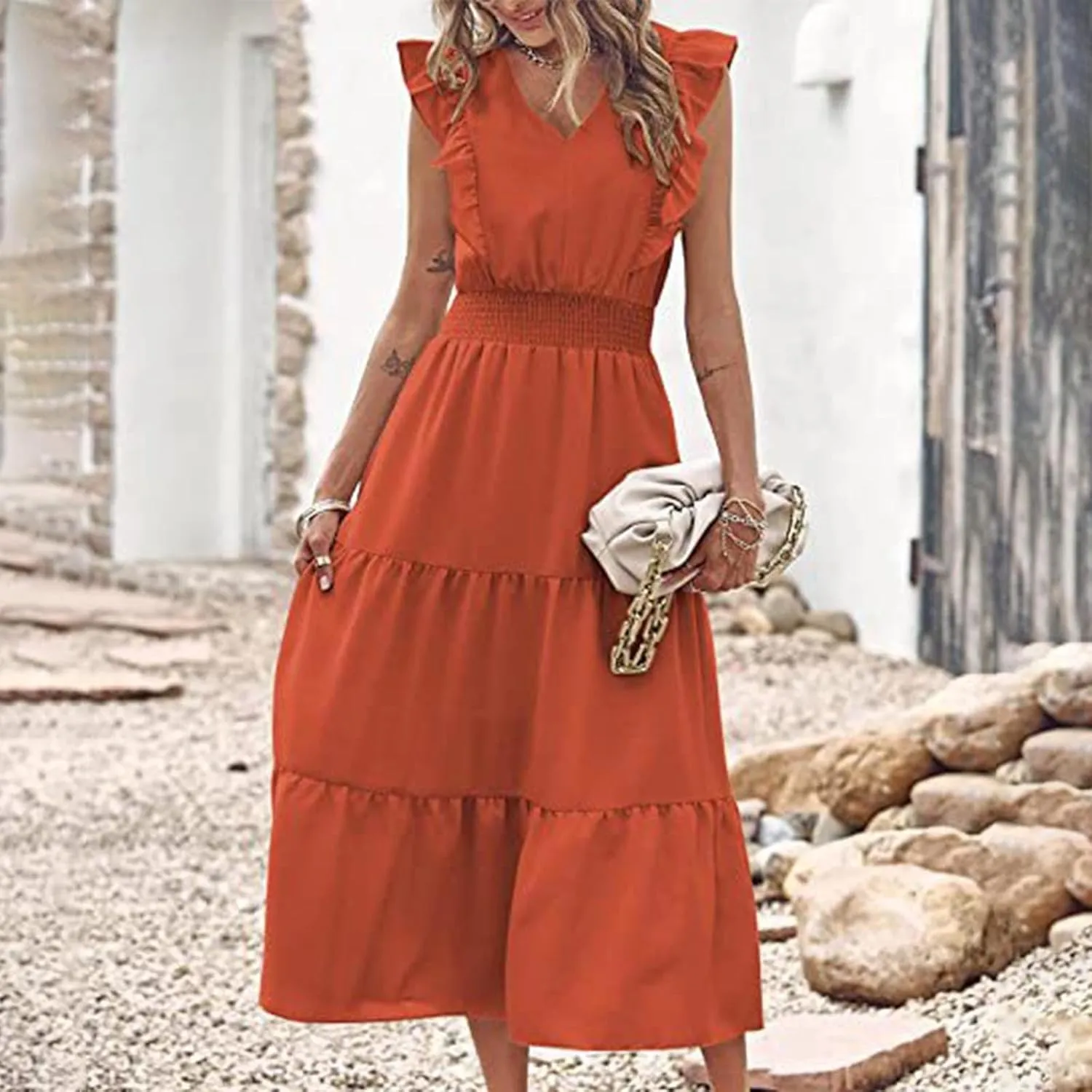 Firzero Womens Summer Dresses Casual Ruffle Cap Short Sleeve Elastic Waist Long Dress V Neck Wedding Guest A Line Maxi Dress