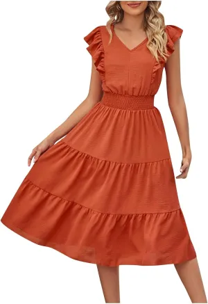 Firzero Womens Summer Dresses Casual Ruffle Cap Short Sleeve Elastic Waist Long Dress V Neck Wedding Guest A Line Maxi Dress