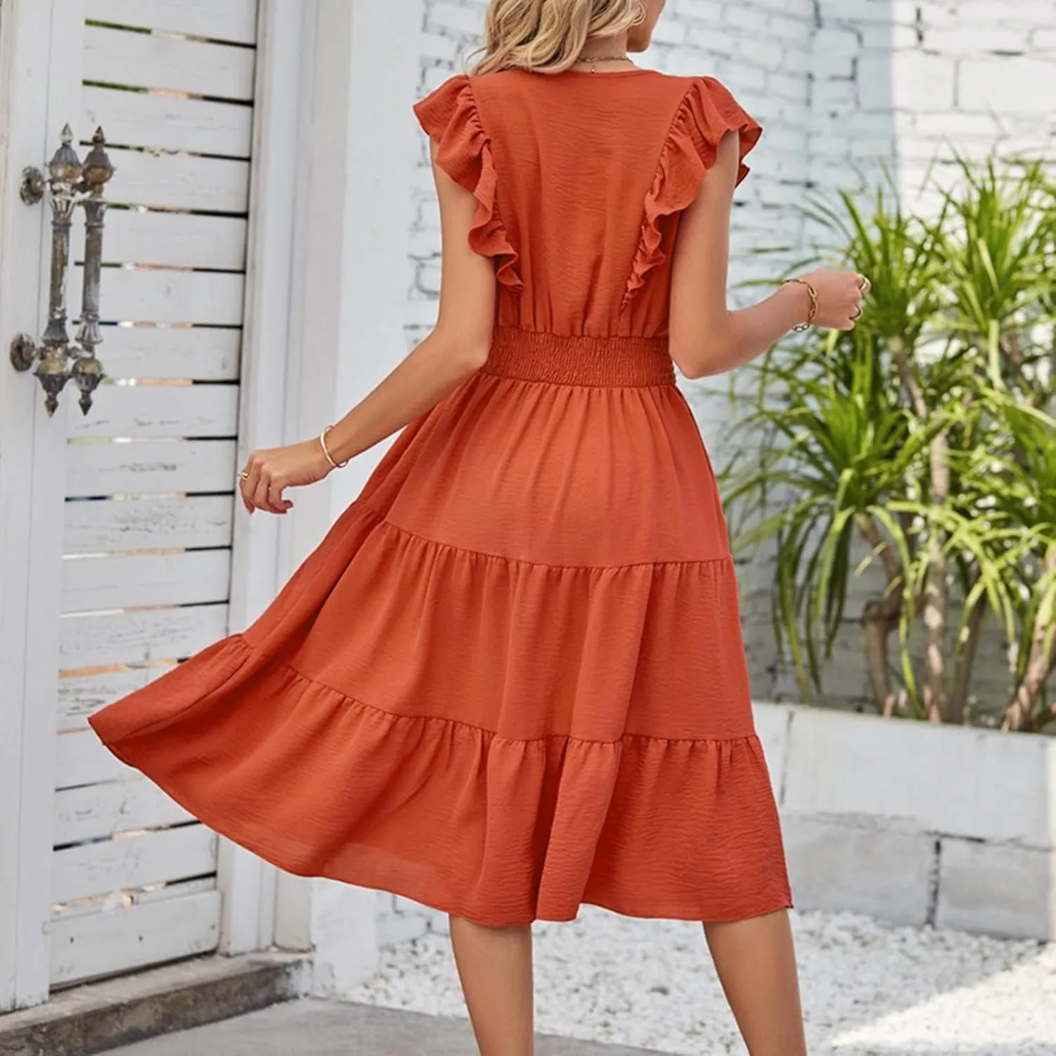 Firzero Womens Summer Dresses Casual Ruffle Cap Short Sleeve Elastic Waist Long Dress V Neck Wedding Guest A Line Maxi Dress