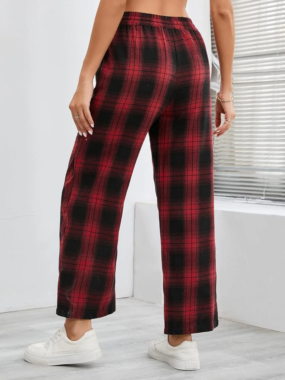 Floerns Women's Plaid Print Elastic Waist Sleepwear Pajama Bottom Pants