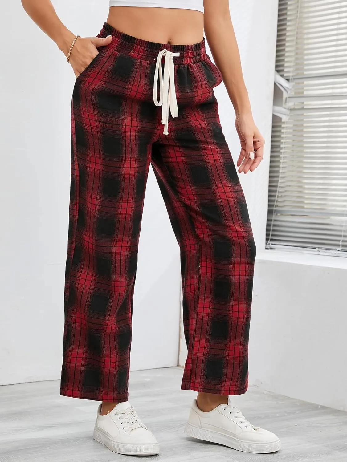 Floerns Women's Plaid Print Elastic Waist Sleepwear Pajama Bottom Pants