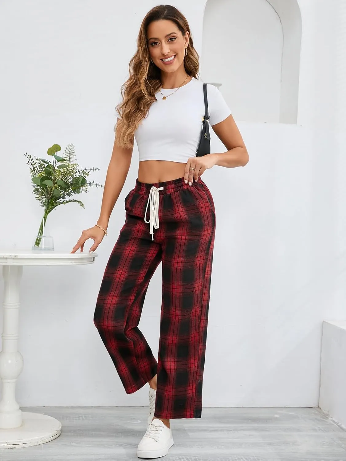 Floerns Women's Plaid Print Elastic Waist Sleepwear Pajama Bottom Pants