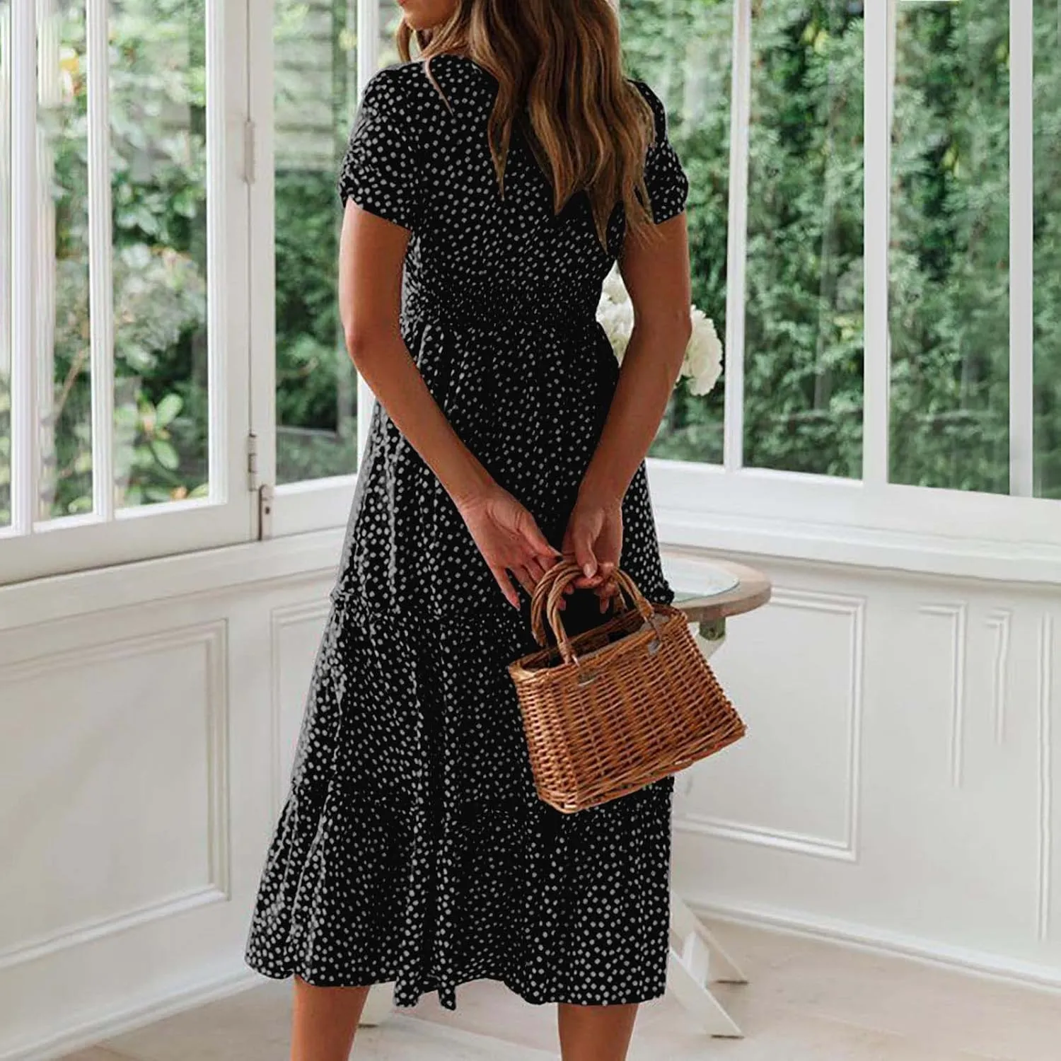 Floral Dress for Women Sundress Casual Square Neck Dresses Boho Beach Vacation Dress High Waisted Summer Midi Dress