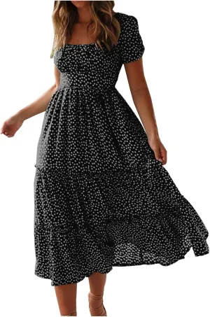Floral Dress for Women Sundress Casual Square Neck Dresses Boho Beach Vacation Dress High Waisted Summer Midi Dress
