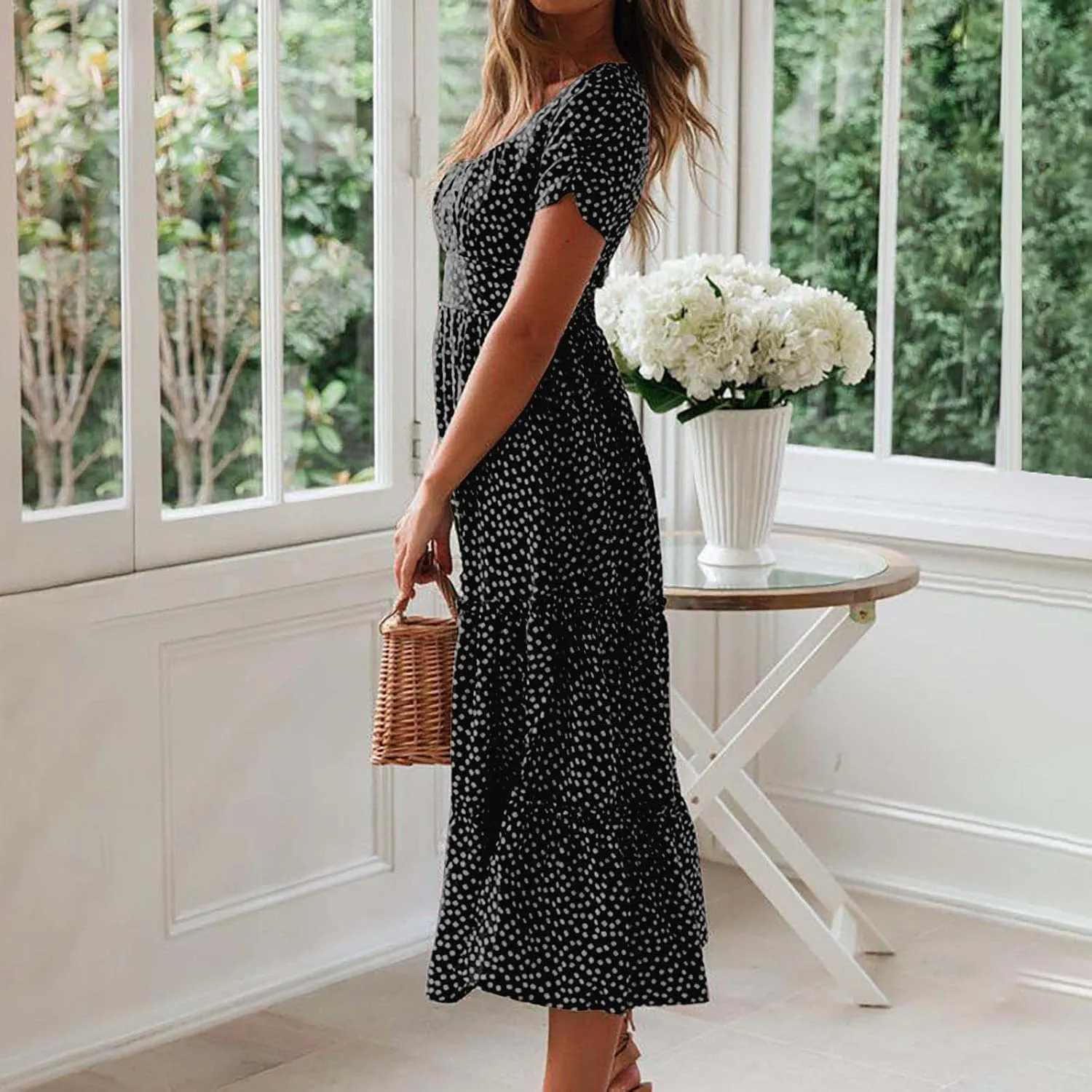 Floral Dress for Women Sundress Casual Square Neck Dresses Boho Beach Vacation Dress High Waisted Summer Midi Dress