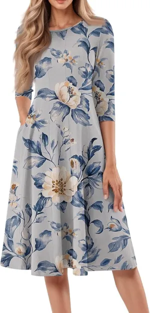Floral Print Summer Dress for Women Plus Size Vintage 3/4 Sleeve Crewneck Flowy Pleated Midi Dresses Casual Sundress