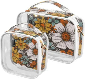 Floral-retro-print 2 Pack Clear Toiletry Bag Women Men, Portable Waterproof Clear Pouch, Cosmetic Bag with Double Zippers Large Opening Traveling with Handle for Bathroom Traveling Vacation Organizing