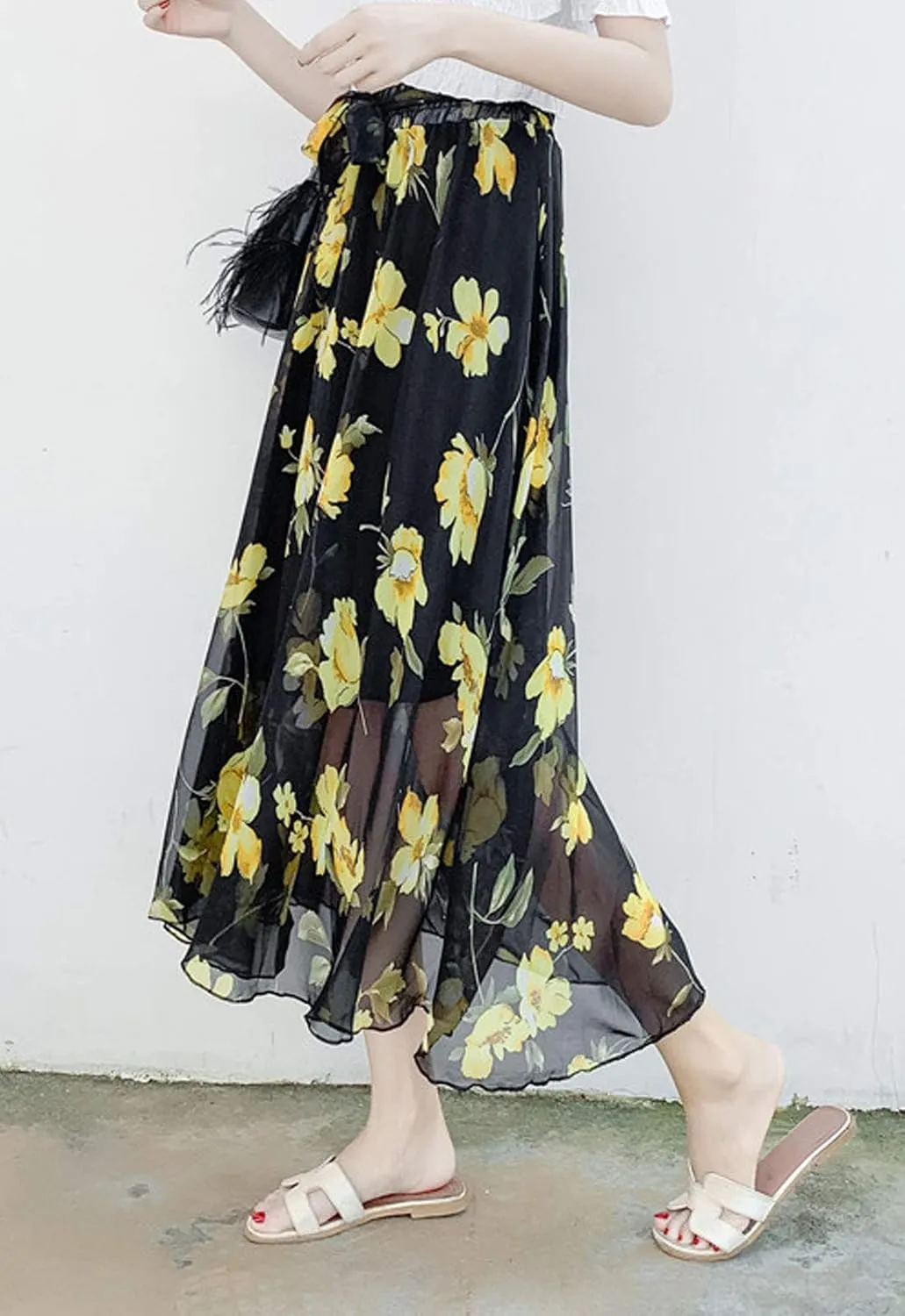 Flygo Women's High Waist Pleated Chiffon Boho Floral Flowy Midi Skirt