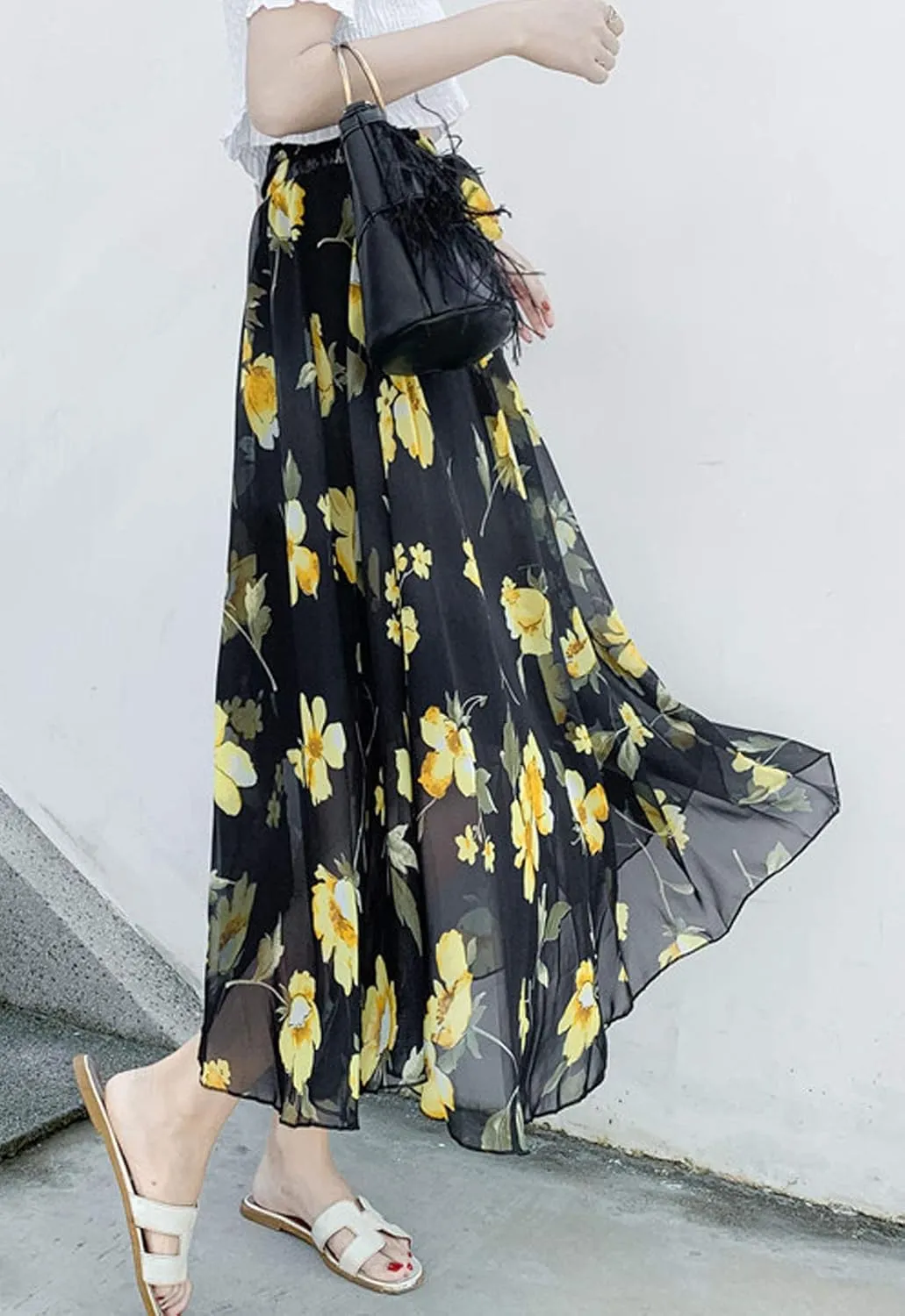 Flygo Women's High Waist Pleated Chiffon Boho Floral Flowy Midi Skirt