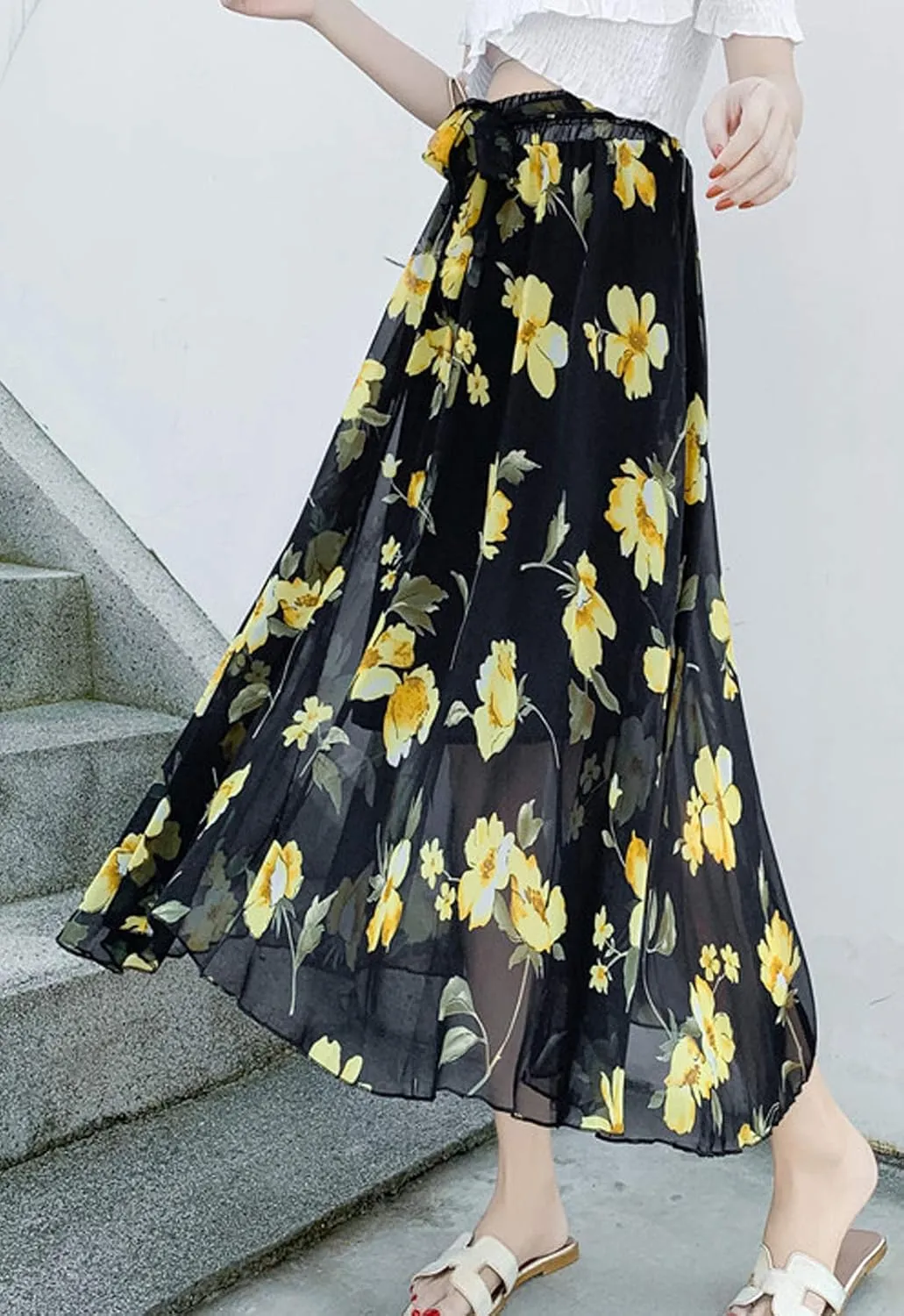 Flygo Women's High Waist Pleated Chiffon Boho Floral Flowy Midi Skirt