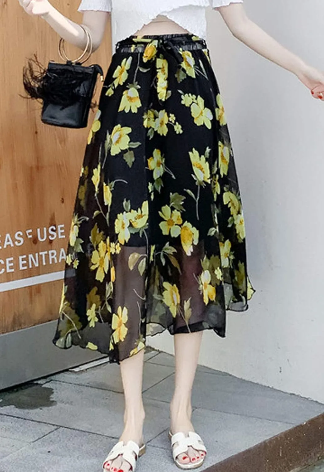 Flygo Women's High Waist Pleated Chiffon Boho Floral Flowy Midi Skirt