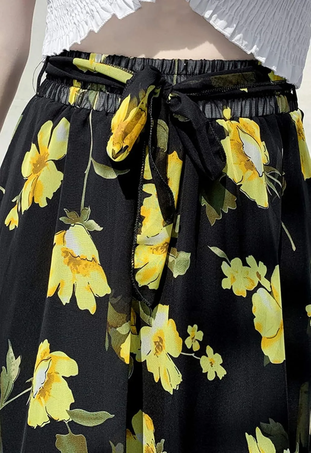 Flygo Women's High Waist Pleated Chiffon Boho Floral Flowy Midi Skirt