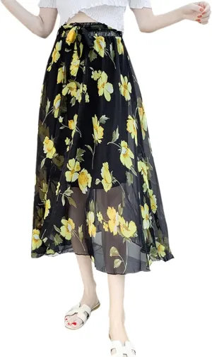 Flygo Women's High Waist Pleated Chiffon Boho Floral Flowy Midi Skirt