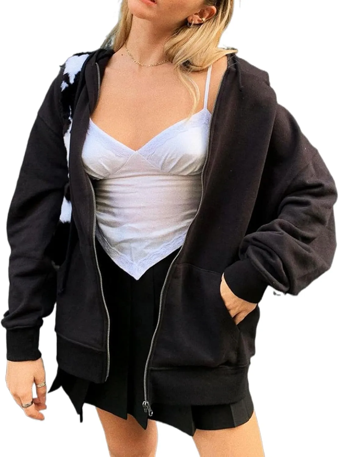 FOMOYUU Womens Oversized Zip Up Hoodie Y2K Jacket Baggy Loose Basic Zipper Hooded Sweatshirt Coat