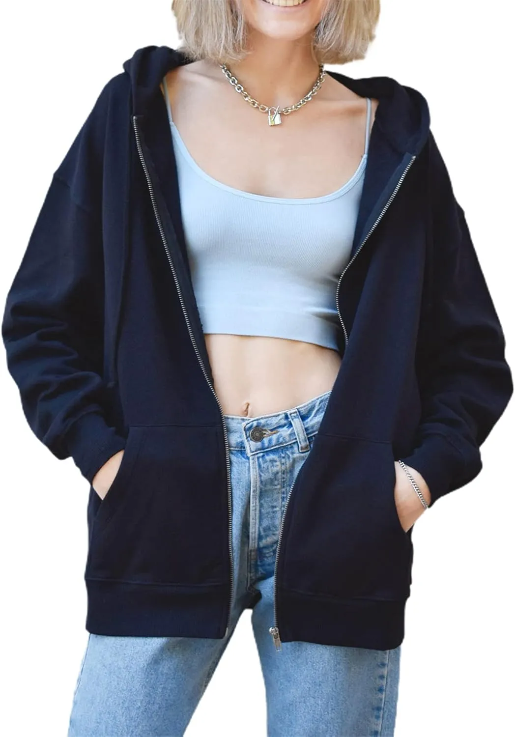 FOMOYUU Womens Oversized Zip Up Hoodie Y2K Jacket Baggy Loose Basic Zipper Hooded Sweatshirt Coat