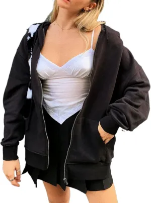 FOMOYUU Womens Oversized Zip Up Hoodie Y2K Jacket Baggy Loose Basic Zipper Hooded Sweatshirt Coat