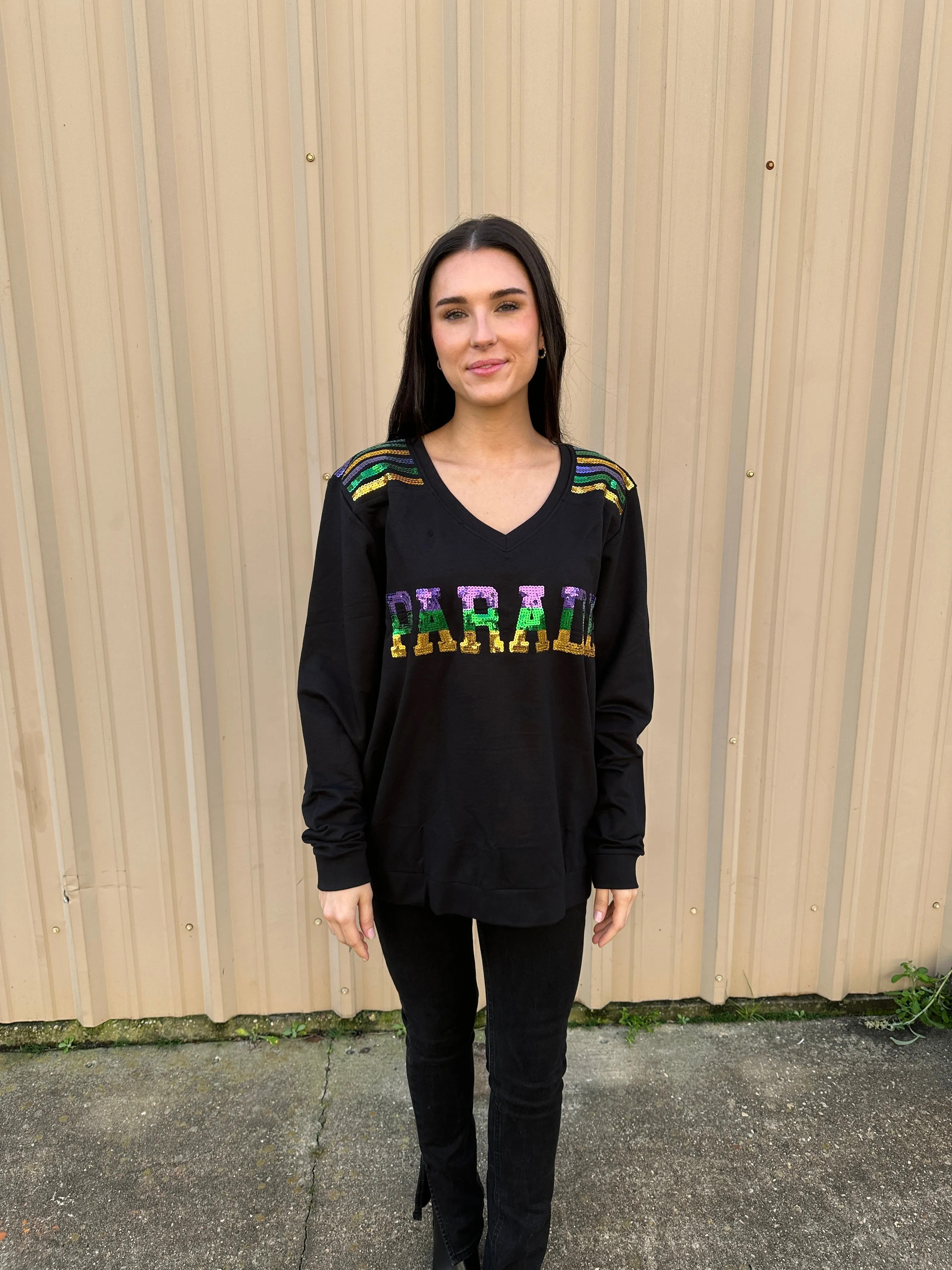 French Terry Adult Sequin PARADE Shirt - Black