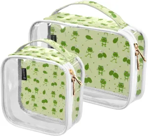 Funny-green-frogs Print 2 Pack Clear Toiletry Bag Women Men, Portable Waterproof Clear Pouch, Cosmetic Bag with Double Zippers Large Opening Traveling with Handle for Bathroom Traveling Vacation Organ
