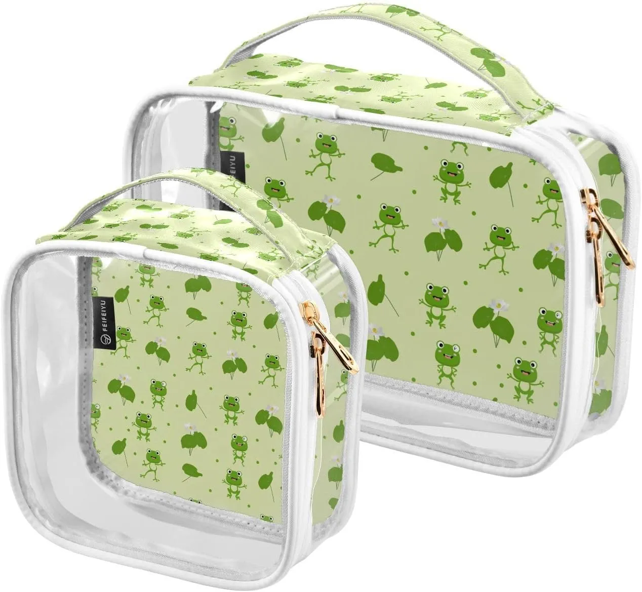 Funny-green-frogs Print 2 Pack Clear Toiletry Bag Women Men, Portable Waterproof Clear Pouch, Cosmetic Bag with Double Zippers Large Opening Traveling with Handle for Bathroom Traveling Vacation Organ