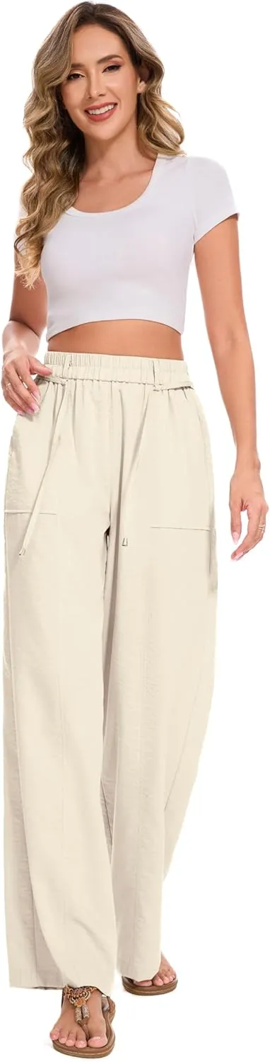 FUNYYZO 2025 Women Summer Pants Drawstring Waist Wide Leg Pants Loose Fit with Pockets Pull On