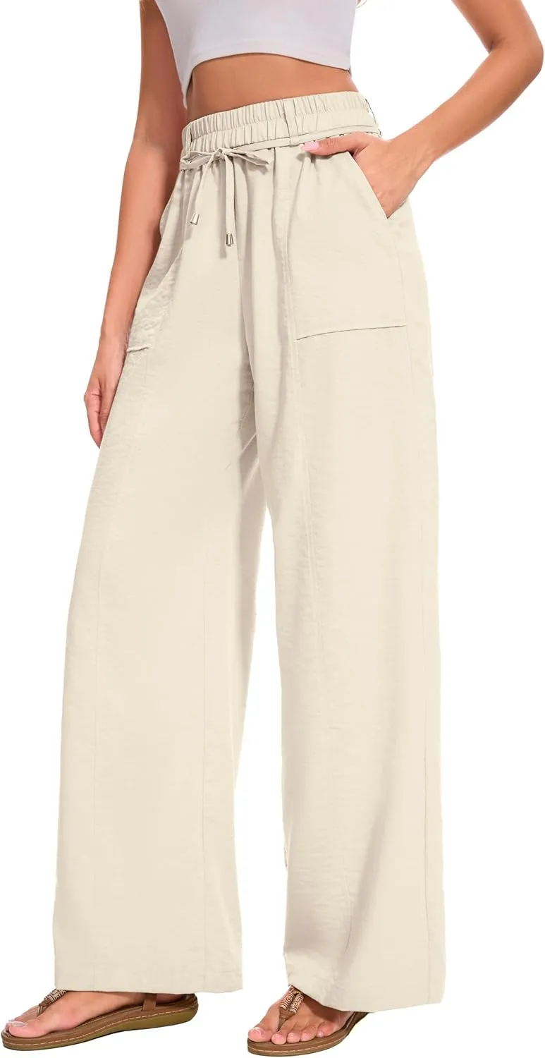 FUNYYZO 2025 Women Summer Pants Drawstring Waist Wide Leg Pants Loose Fit with Pockets Pull On