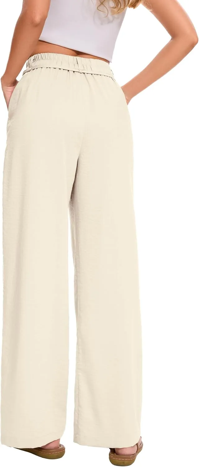 FUNYYZO 2025 Women Summer Pants Drawstring Waist Wide Leg Pants Loose Fit with Pockets Pull On