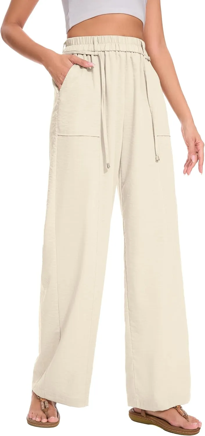 FUNYYZO 2025 Women Summer Pants Drawstring Waist Wide Leg Pants Loose Fit with Pockets Pull On