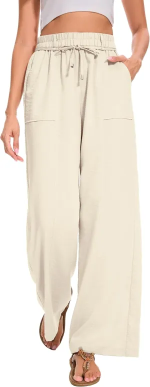 FUNYYZO 2025 Women Summer Pants Drawstring Waist Wide Leg Pants Loose Fit with Pockets Pull On