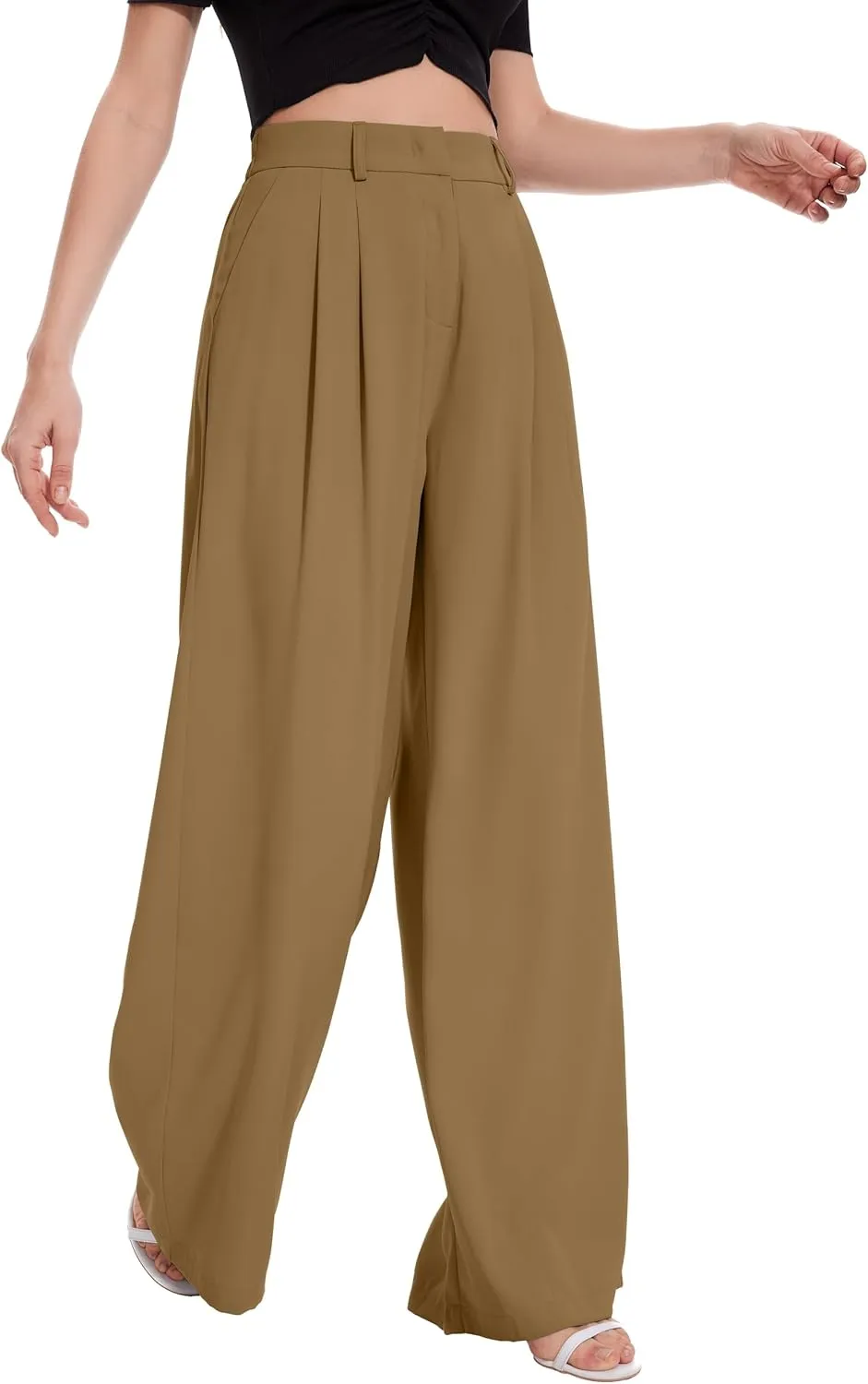 FUNYYZO Women Palazzo Pants High Elastic Waisted Business Work Long Trousers Wide Leg Loose Casual Pants