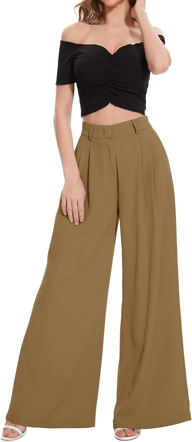 FUNYYZO Women Palazzo Pants High Elastic Waisted Business Work Long Trousers Wide Leg Loose Casual Pants