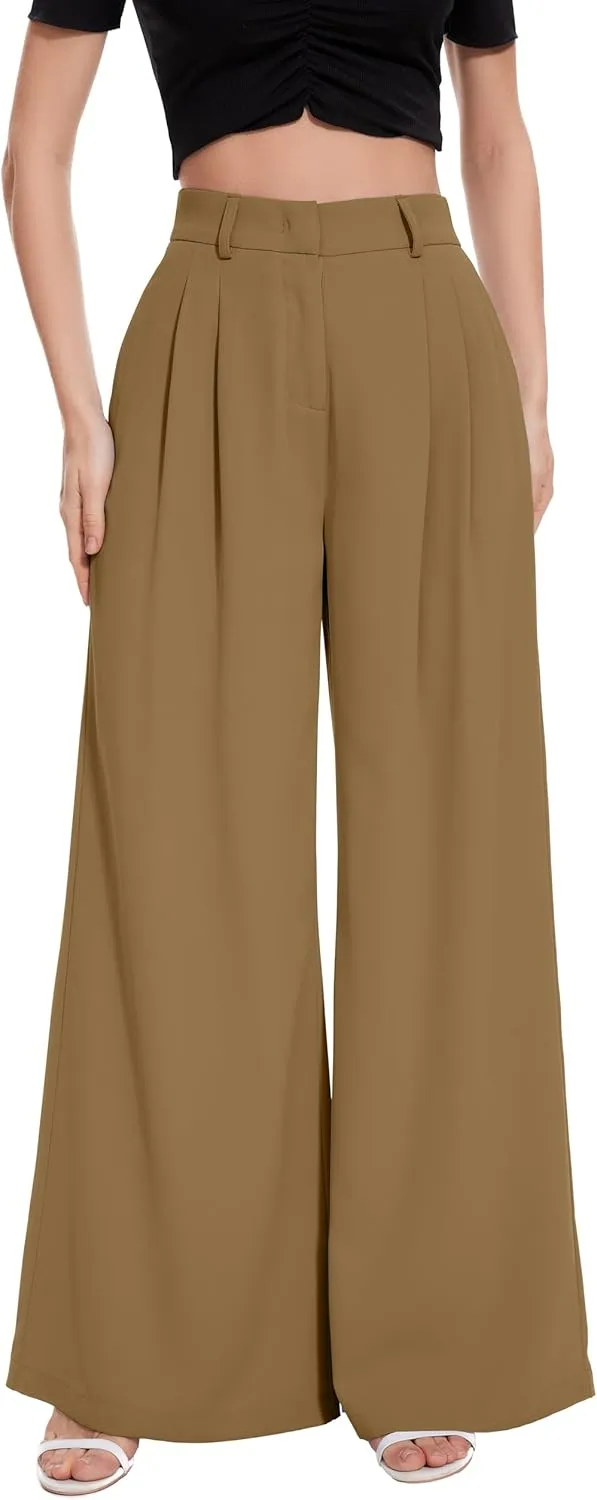 FUNYYZO Women Palazzo Pants High Elastic Waisted Business Work Long Trousers Wide Leg Loose Casual Pants