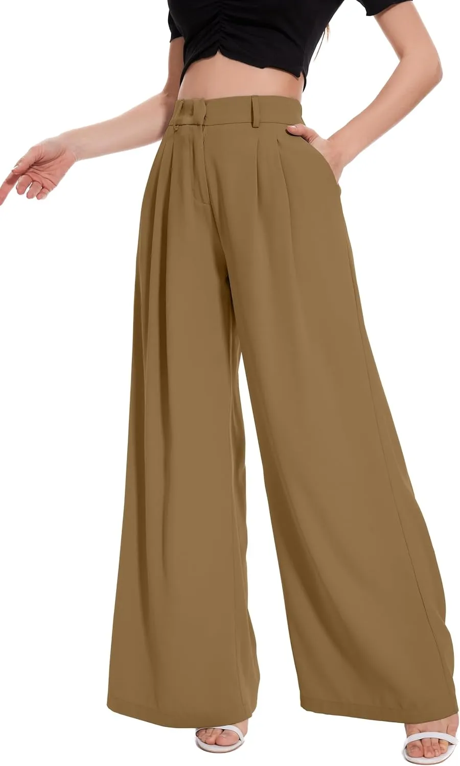 FUNYYZO Women Palazzo Pants High Elastic Waisted Business Work Long Trousers Wide Leg Loose Casual Pants