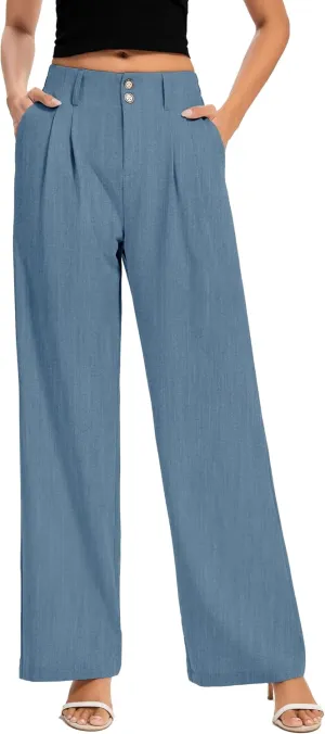 FUNYYZO Women's Long Dress Pants High Waisted Work Pants Dressy Casual Wide Leg Elastic Waist Trousers