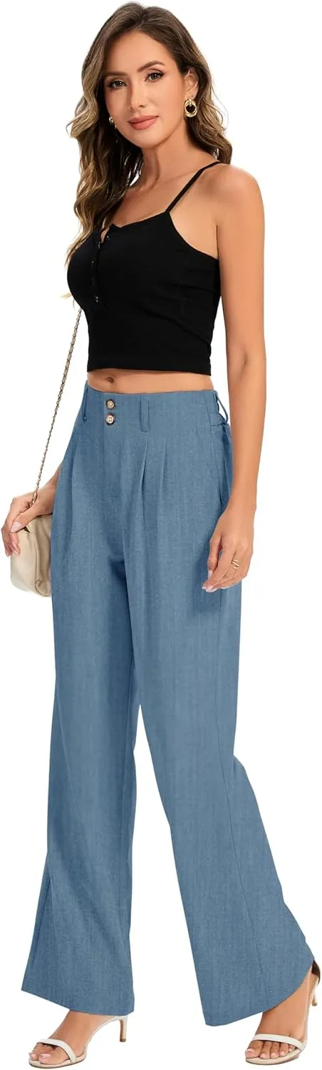 FUNYYZO Women's Long Dress Pants High Waisted Work Pants Dressy Casual Wide Leg Elastic Waist Trousers