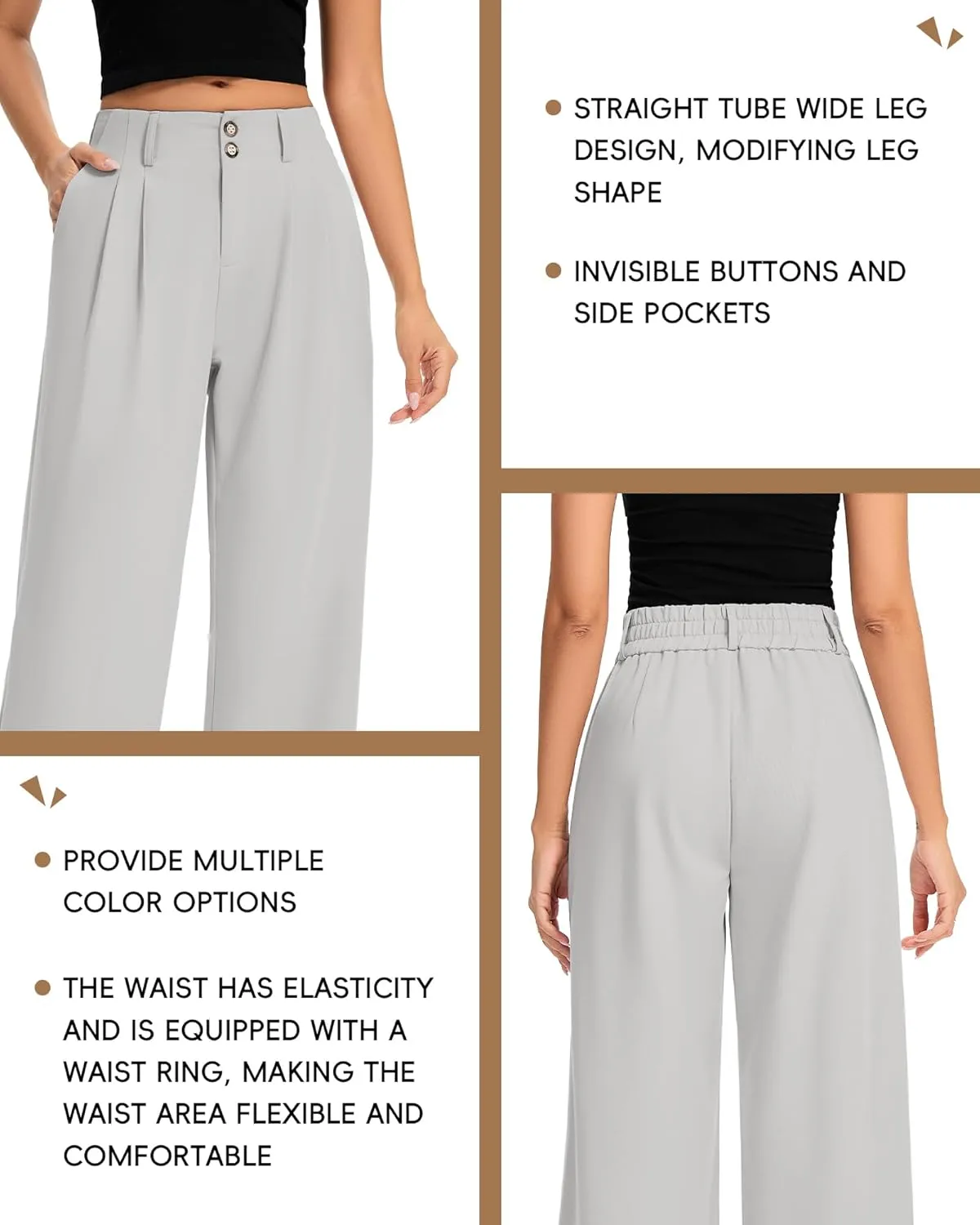 FUNYYZO Women's Long Dress Pants High Waisted Work Pants Dressy Casual Wide Leg Elastic Waist Trousers