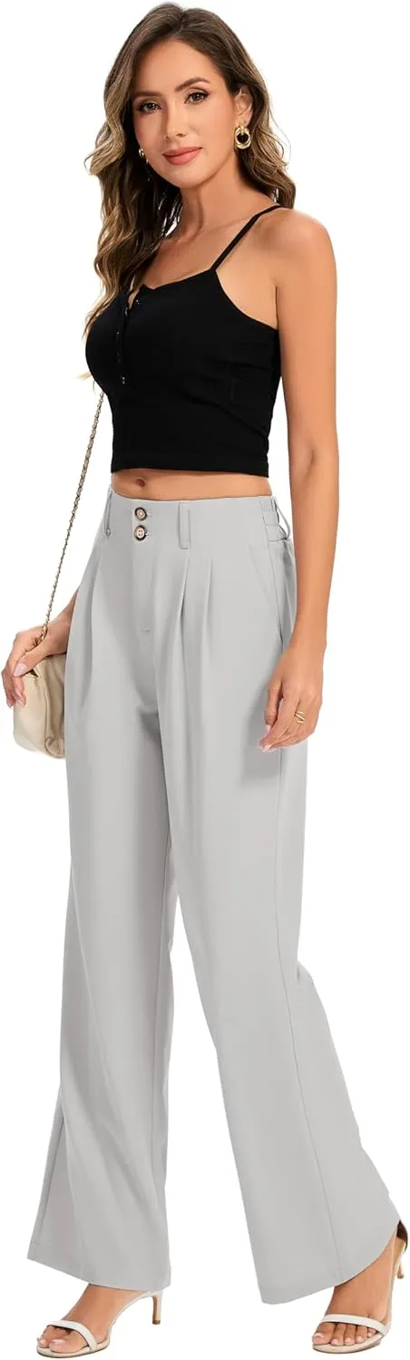 FUNYYZO Women's Long Dress Pants High Waisted Work Pants Dressy Casual Wide Leg Elastic Waist Trousers