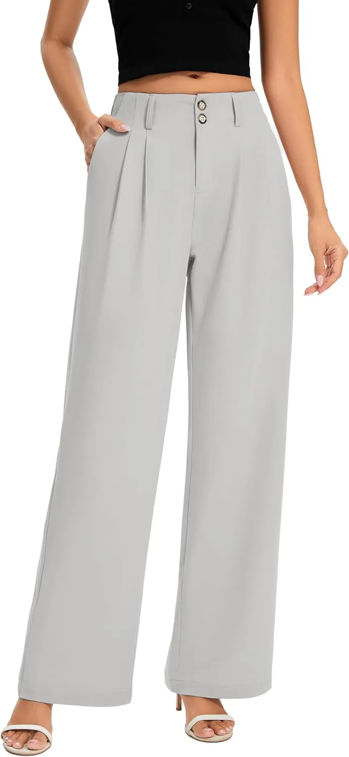 FUNYYZO Women's Long Dress Pants High Waisted Work Pants Dressy Casual Wide Leg Elastic Waist Trousers