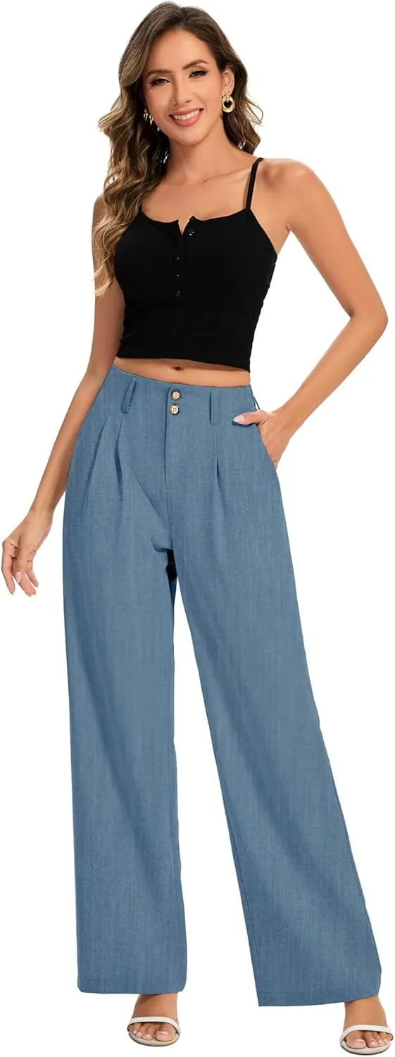 FUNYYZO Women's Long Dress Pants High Waisted Work Pants Dressy Casual Wide Leg Elastic Waist Trousers