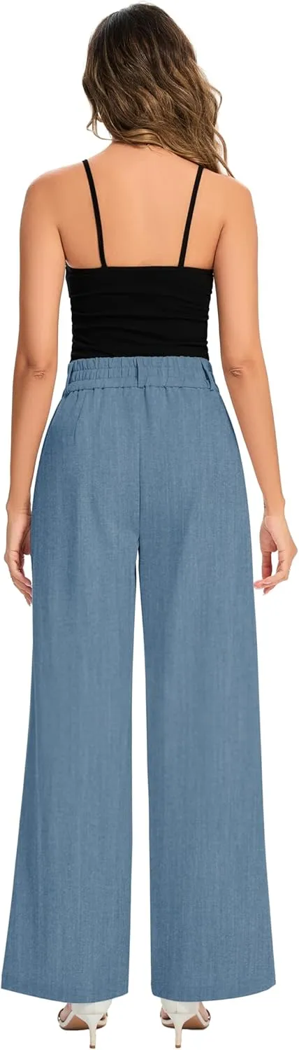 FUNYYZO Women's Long Dress Pants High Waisted Work Pants Dressy Casual Wide Leg Elastic Waist Trousers