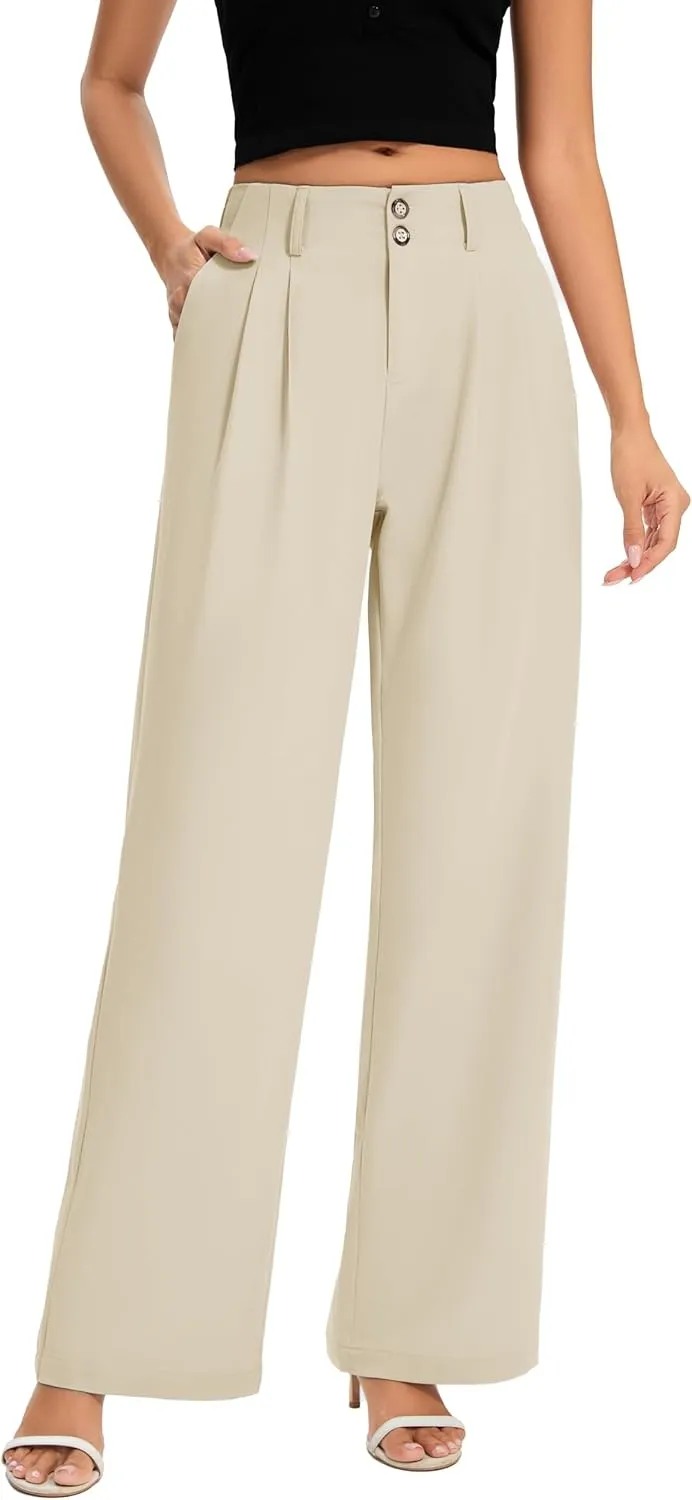 FUNYYZO Women's Long Dress Pants High Waisted Work Pants Dressy Casual Wide Leg Elastic Waist Trousers