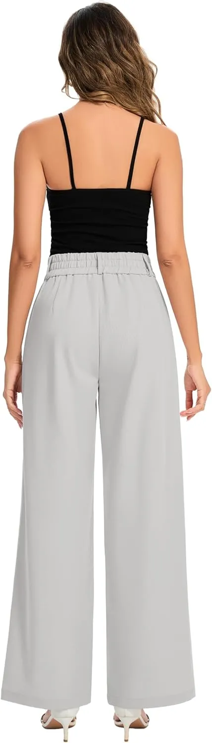 FUNYYZO Women's Long Dress Pants High Waisted Work Pants Dressy Casual Wide Leg Elastic Waist Trousers
