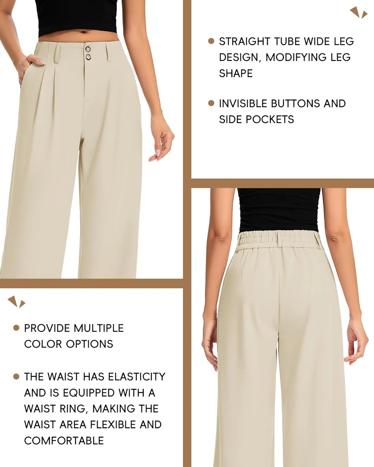 FUNYYZO Women's Long Dress Pants High Waisted Work Pants Dressy Casual Wide Leg Elastic Waist Trousers