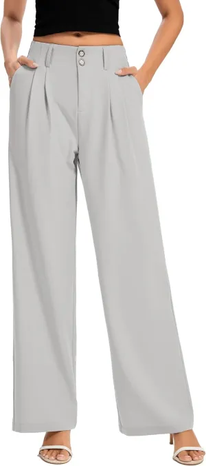 FUNYYZO Women's Long Dress Pants High Waisted Work Pants Dressy Casual Wide Leg Elastic Waist Trousers