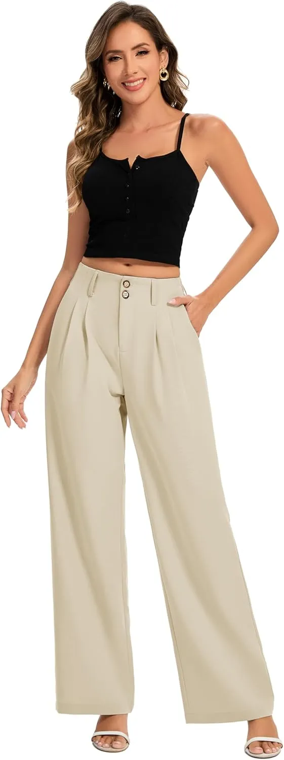 FUNYYZO Women's Long Dress Pants High Waisted Work Pants Dressy Casual Wide Leg Elastic Waist Trousers