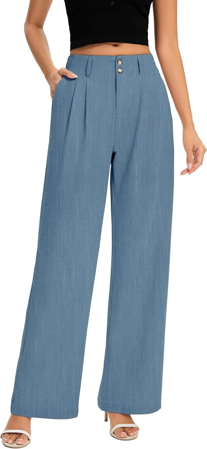 FUNYYZO Women's Long Dress Pants High Waisted Work Pants Dressy Casual Wide Leg Elastic Waist Trousers