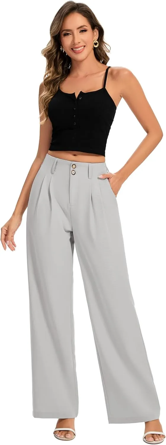 FUNYYZO Women's Long Dress Pants High Waisted Work Pants Dressy Casual Wide Leg Elastic Waist Trousers