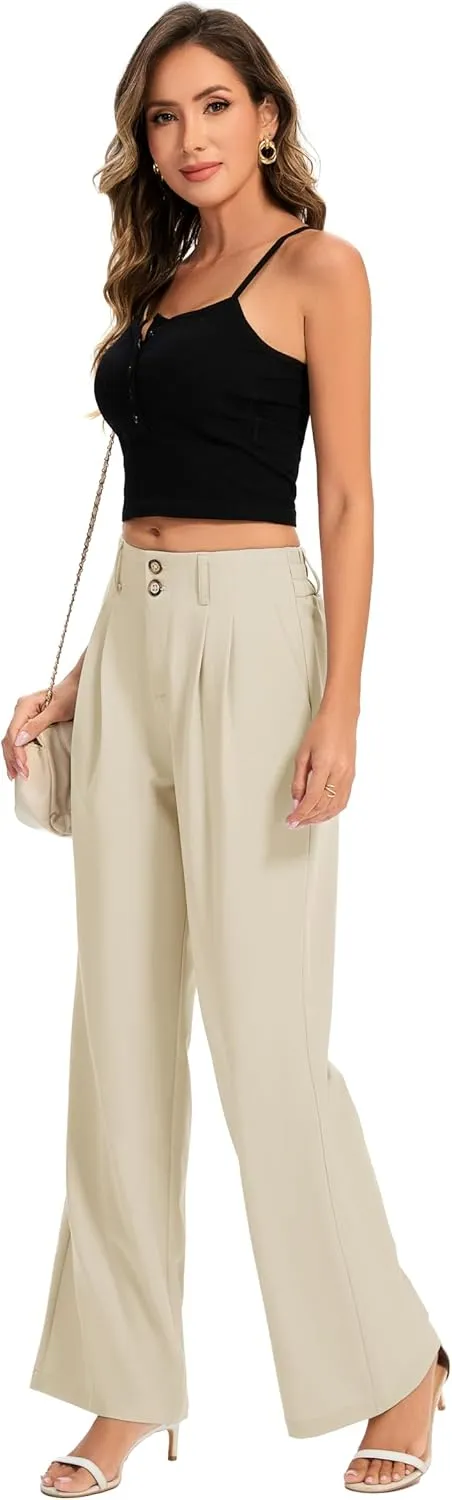 FUNYYZO Women's Long Dress Pants High Waisted Work Pants Dressy Casual Wide Leg Elastic Waist Trousers
