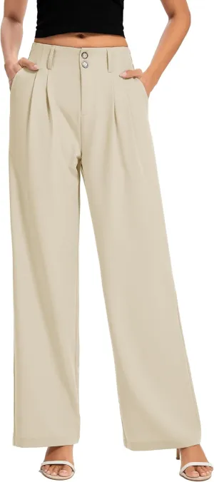 FUNYYZO Women's Long Dress Pants High Waisted Work Pants Dressy Casual Wide Leg Elastic Waist Trousers